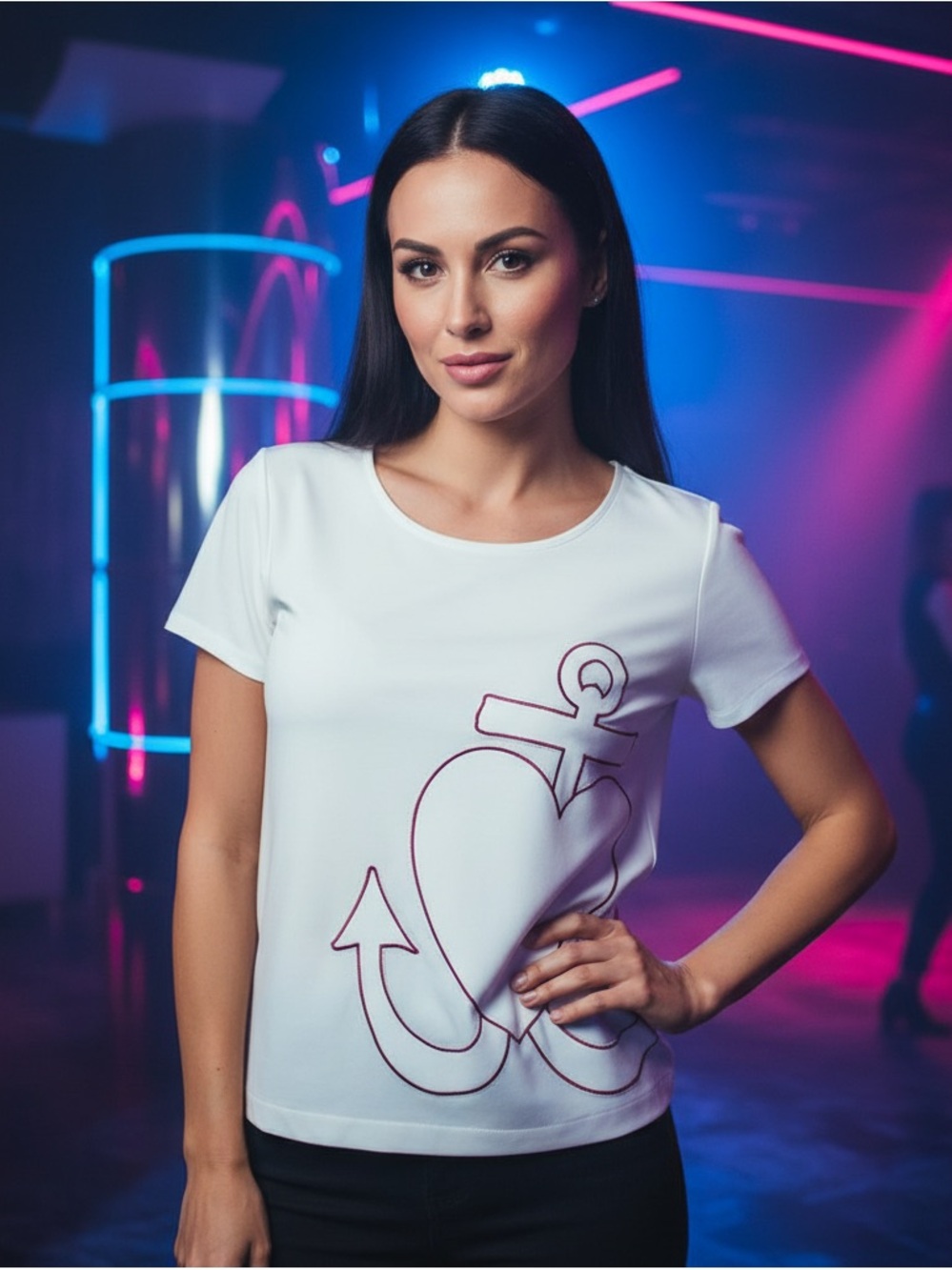 Moschino Cream Short-Sleeve Top with Burgundy Anchor Heart Outline